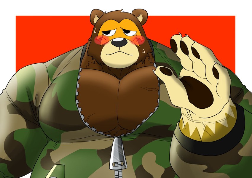 anthro black_nose blush brown_body clothed clothing humanoid_hands kemono male musclegut muscular simple_background solo shillon0610 animal_crossing nintendo ike_(animal_crossing) bear mammal 2021 hi_res