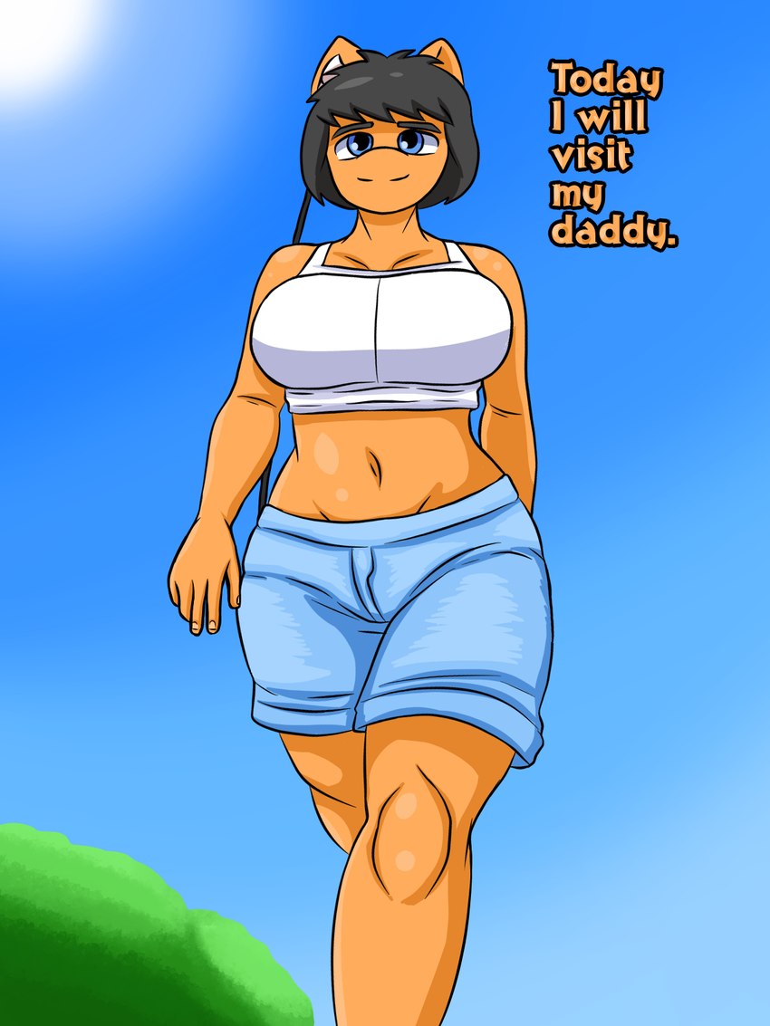 anthro black_hair blue_eyes bottomwear bra clothing dialogue female fur hair orange_body orange_fur plant shorts sky solo sports_bra sun text tree underwear arisenleaf fluffy_pony cloe_(arisenleaf) fluffy_pony_(species) mammal 3:4 english_text hi_res