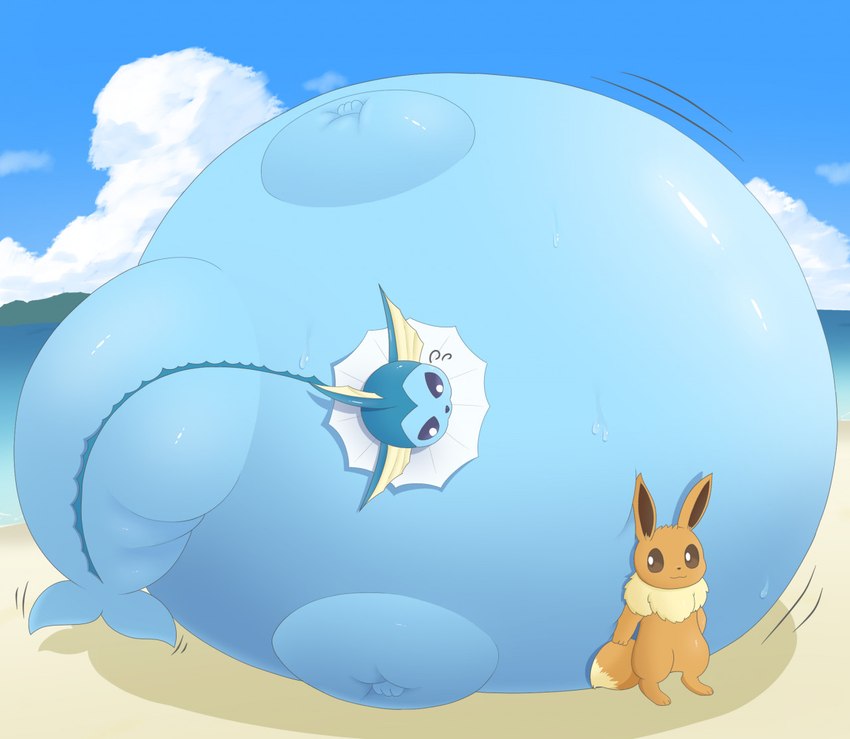 ambiguous_gender beach big_tail black_sclera blue_body body_inflation brown_body brown_fur brown_sclera duo feral fur huge_tail immobile inflation motion_lines outside sand seaside shadow size_difference stuck tail water white_eyes hgh-pine nintendo pokemon eevee eeveelution generation_1_pokemon pokemon_(species) vaporeon