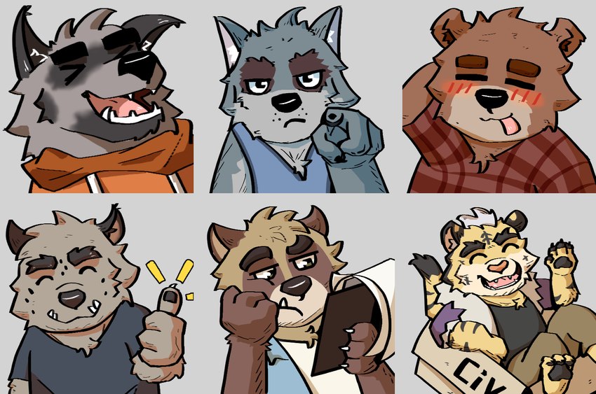 anthro clothing gesture group hand_gesture hoodie male pattern_clothing pattern_shirt pattern_topwear plaid plaid_clothing plaid_shirt plaid_topwear pointing pointing_at_viewer shirt sticker sticker_pack topwear rominwolf password_(visual_novel) dave_(password) david_(password) dean_(password) tyson_(password) bear brown_bear canid canine canis hyena mammal striped_hyena ursine wolf meme