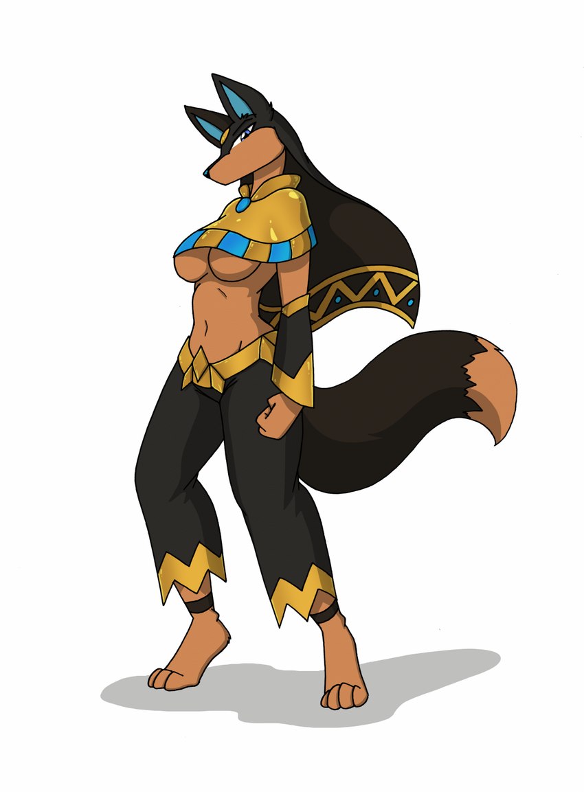 anthro breasts female fur looking_at_viewer simple_background solo tail under_boob white_background tierafoxglove egyptian_mythology middle_eastern_mythology mythology palworld pocketpair anubian_jackal anubis_(pal) canid canine canis jackal mammal pal_(species) hi_res