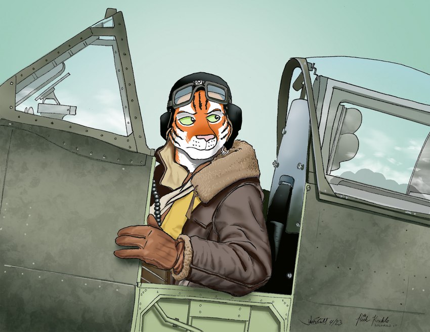 4_fingers aircraft anthro clothed clothing cockpit eyewear eyewear_on_head fingers gloves goggles goggles_on_head green_eyes handwear hat headgear headwear jacket looking_back male sitting solo stripes topwear vehicle rabbi-tom spitfire_mk_v supermarine_spitfire felid mammal pantherine tiger 2023 hi_res