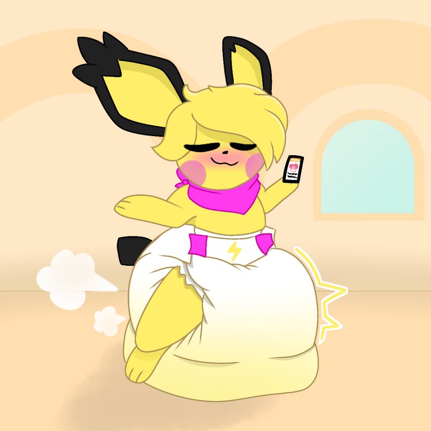 ageplay anthro blush bodily_fluids clothing diaper electronics embarrassed female feral genital_fluids infantilism phone powder roleplay solo unclean_diaper urine used_diaper watersports wet_diaper wetting nintendo pokemon fan_character paris_pichu spiky-eared_pichu generation_2_pokemon pichu pokemon_(species) 1:1 hi_res