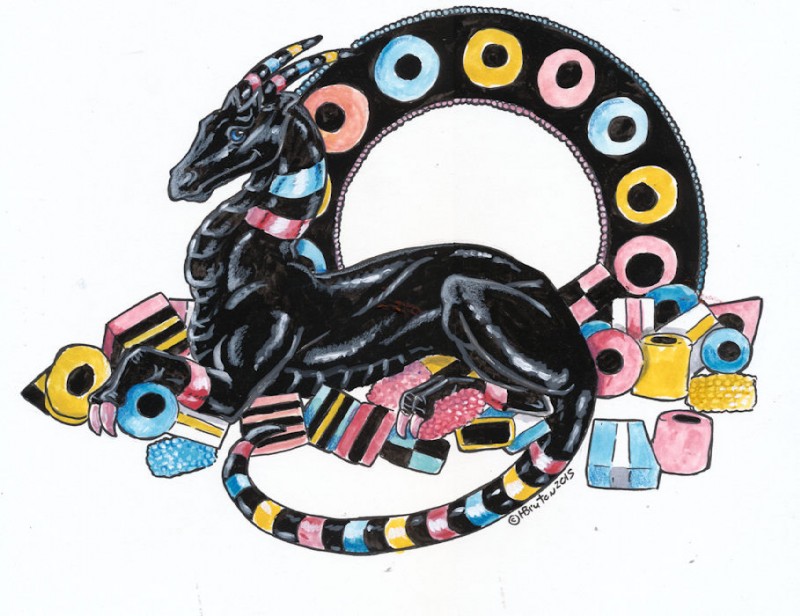 ambiguous_gender black_body black_scales blue_body blue_eyes blue_scales candy dessert feral food horn licorice pink_body pink_scales scales solo tail yellow_body yellow_scales heather_bruton mythology dragon mythological_creature mythological_scalie scalie 2015