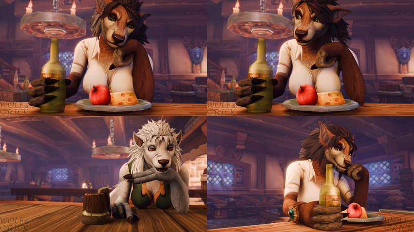 alcohol anthro beverage breasts clothed clothing duo female fur furniture hair smile tail tavern wolfrick blizzard_entertainment mythology warcraft oridana(wolfrick) canid canine mammal mythological_canine mythological_creature werecanid werecanine werecreature werewolf worgen 16:9 3d_(artwork) 4k absurd_res digital_media_(artwork) hi_res widescreen