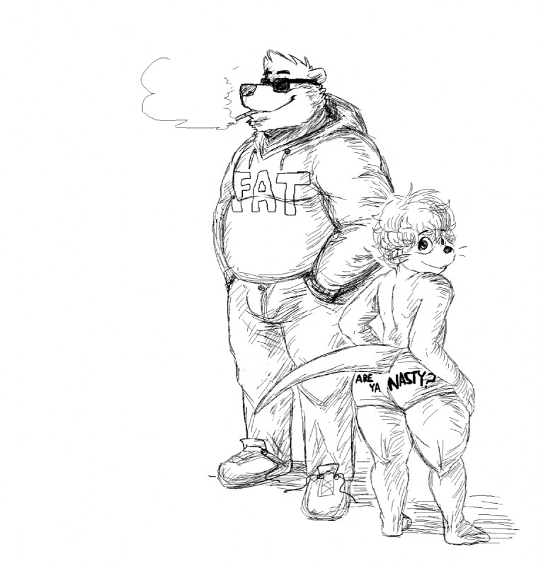 age_difference anthro bottomwear butt cigarette clothed clothing duo eyewear footwear fur glasses hair hand_in_pocket hands_in_both_pockets hoodie larger_male looking_at_viewer looking_back male musclegut muscular older_male overweight overweight_male pants partially_clothed pockets shoes short_stack simple_background size_difference smaller_male smile smoke smoking standing sunglasses text thick_thighs topless topwear underwear white_background younger_male anothermeekone chariot indigo_(chariot) max_lanestrummer bear mammal mustelid otter black_and_white english_text monochrome