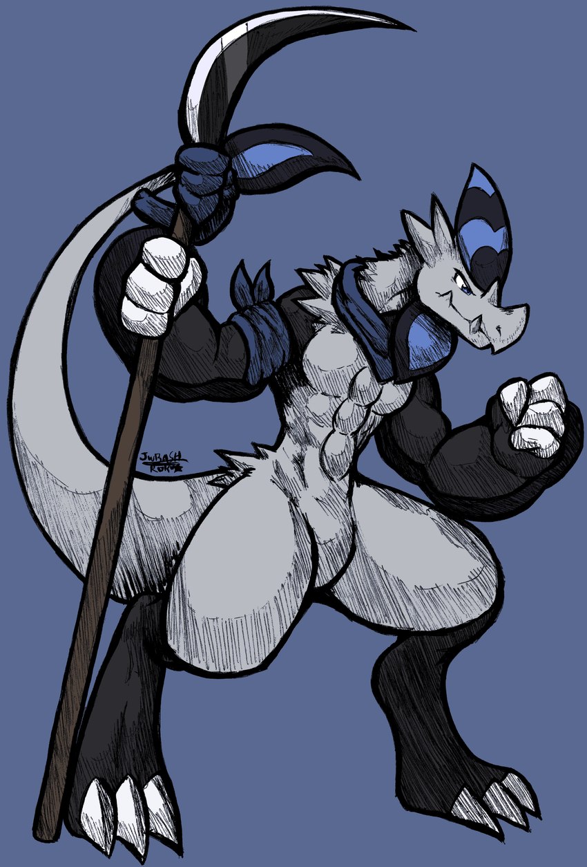 anthro black_body blue_body blue_eyes fist grey_body male melee_weapon monotone_background naginata polearm scarf solo weapon jwbash mythology nintendo pokemon pokemon_mystery_dungeon spike_chunsoft dragon generation_7_pokemon hakamo-o mythological_creature mythological_scalie pokemon_(species) reptile scalie absurd_res colored hatching_(art) hi_res shaded sketch