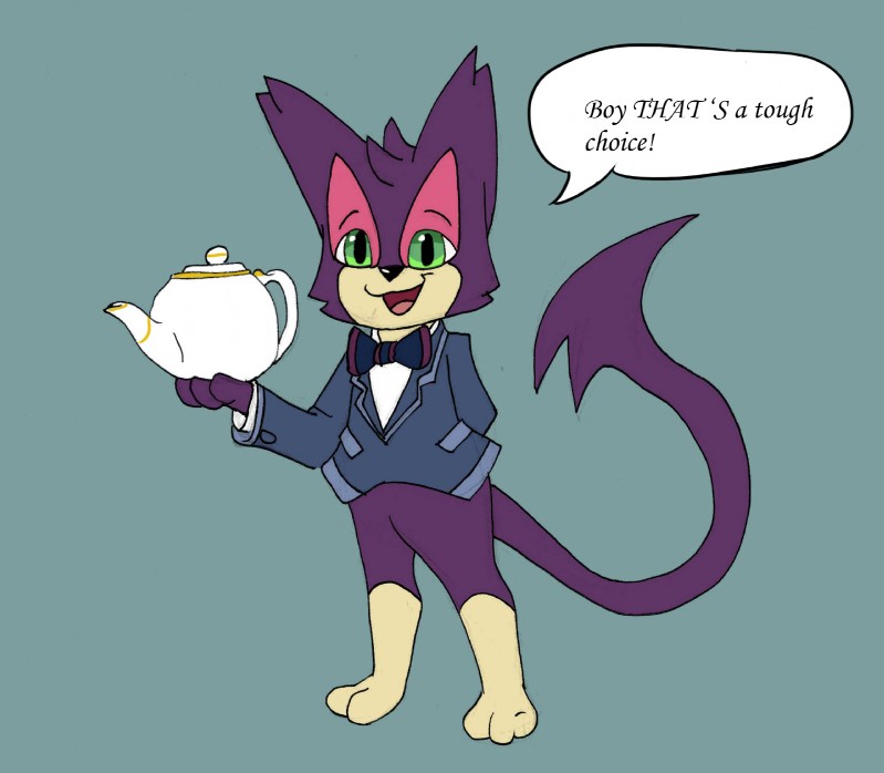 clothed clothing green_eyes looking_at_viewer male solo teapot oscar_the_purrloin nintendo pokemon oscar_(purrloin) generation_5_pokemon pokemon_(species) purrloin hi_res