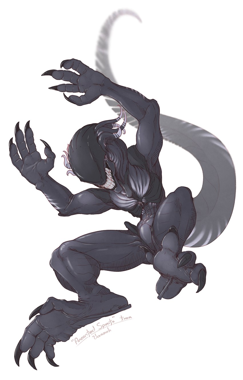 4_fingers 4_toes action_pose black_claws claws dark_body digitigrade eyeless feet fingers foot_fetish foot_focus male nude paws pose simple_background soles solo tail teeth toe_claws toes white_background kredri alien_(franchise) varzek_(character) alien xenomorph hi_res