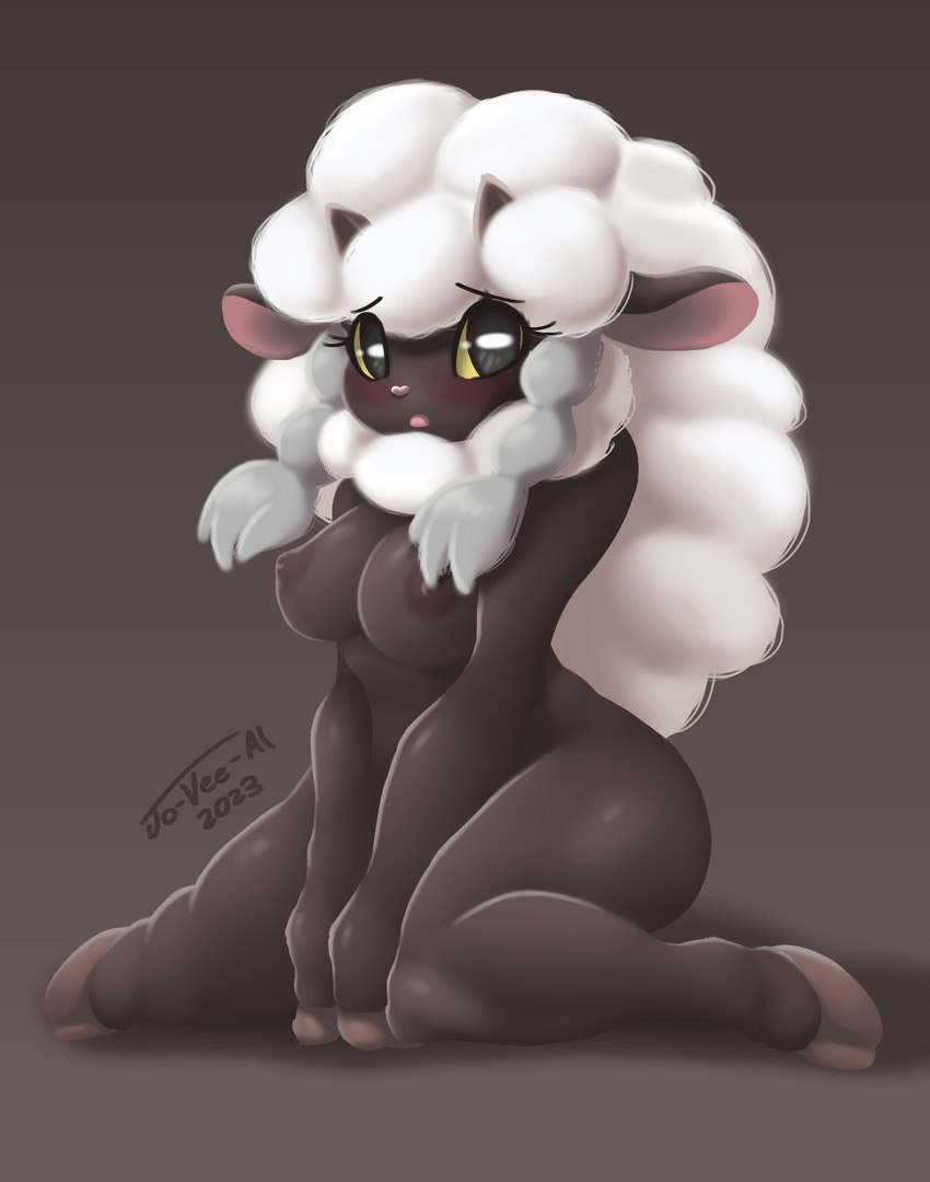 anthro areola black_areola black_nipples breasts female hair kneeling nipples nude solo white_hair jo-vee-al nintendo pokemon generation_8_pokemon pokemon_(species) wooloo 2023 absurd_res hi_res