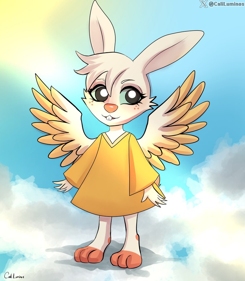 anthro clothing cloud feathered_wings feathers female freckles fur outside robe sky skyscape solo sun white_body white_fur wings caliluminos angel_hare the_east_patch angel_gabby angel angel_hare_(the_east_patch) hare lagomorph leporid mammal rabbit absurd_res hi_res