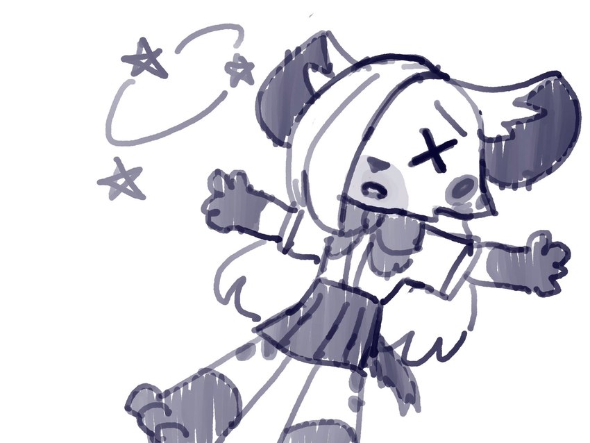 3_toes 4_fingers anthro bottomwear bow_tie cheek_tuft clothed clothing facial_tuft feet female fingers fur hair hair_over_eye long_hair lying on_back one_eye_obstructed open_mouth school_uniform shirt simple_background skirt solo spots star tail toes topwear tuft uniform white_clothing x_eyes el-k jk_(el-k) hyena mammal spotted_hyena 4:3 digital_media_(artwork) hi_res monochrome sketch