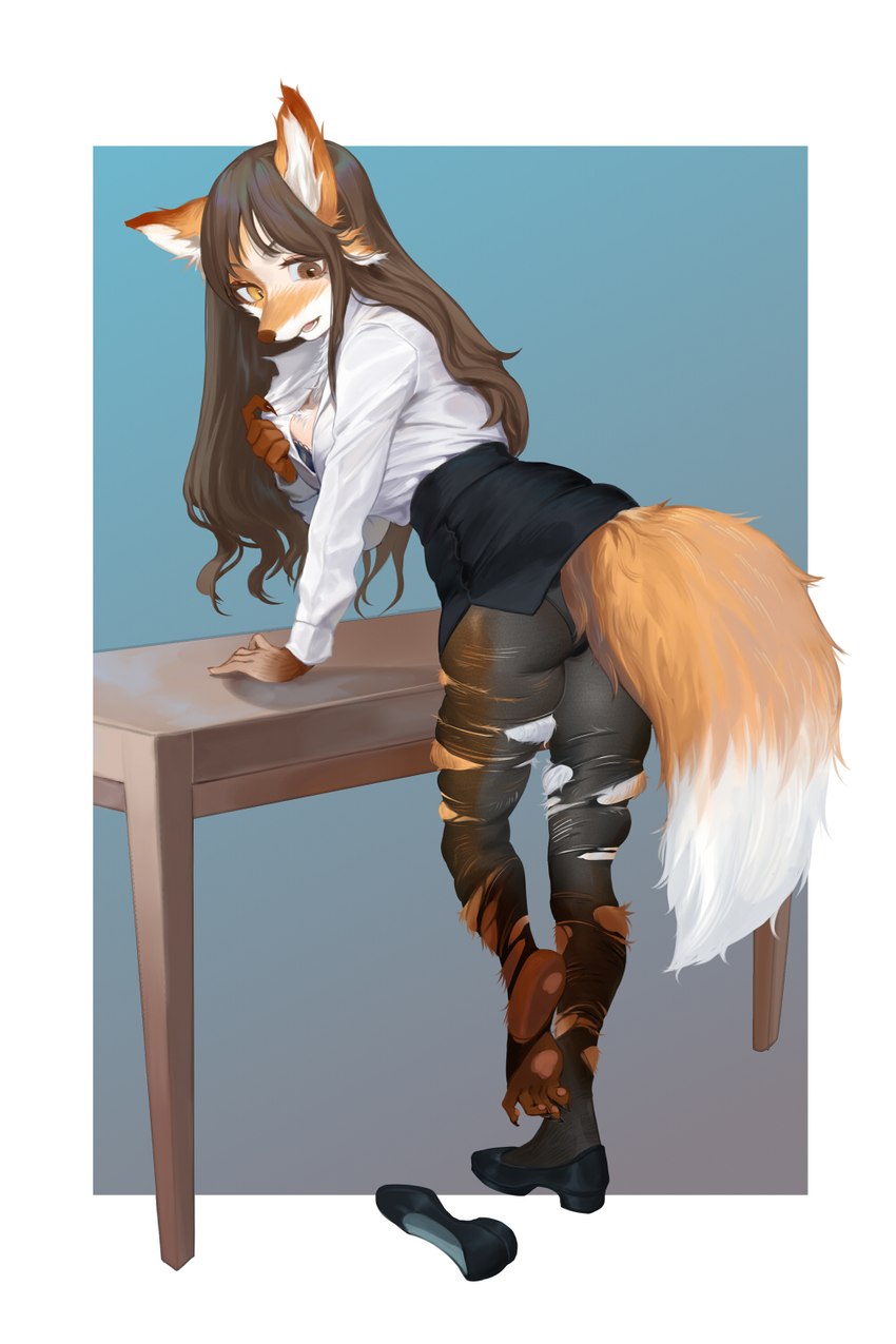 anthro bra breasts brown_eyes brown_hair butt butt_expansion claws clothing expansion female fox_ears fox_tail fur furniture hair human_to_anthro leaning_on_table legwear medium_breasts mid_transformation office_clothing office_lady open_mouth orange_body orange_eyes orange_fur panties panties_under_pantyhose pantyhose pantyhose_rip pawpads solo species_transformation table transformation underwear white_body white_fur ora_ozen canid canine fox human mammal 2:3 hi_res