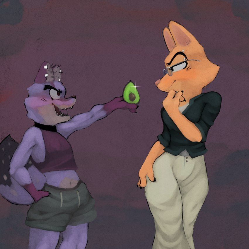 anthro avocado canon_x_oc duo ear_piercing eyebrow_piercing facial_piercing female food fruit male male/female piercing plant daki_woo dreamworks the_bad_guys diane_foxington fan_character canid canine fox mammal 1:1 hi_res