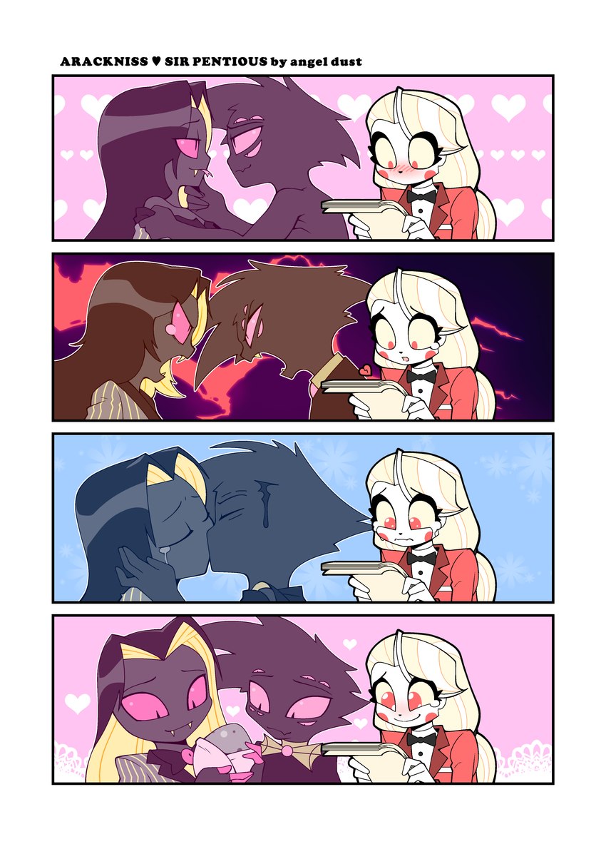 angry blush bodily_fluids crossgender egg female group kissing male reading smile tears text trio gunbangjindog hazbin_hotel arackniss_(vivzmind) charlie_morningstar sir_pentious_(hazbin_hotel) demon absurd_res comic english_text hi_res