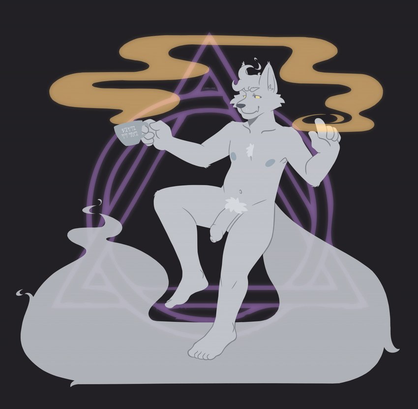 anthro big_penis circle foreskin genitals kemono long_foreskin magic male nipples no_pupils pale penis pubes smoke solo unretracted_foreskin yellow_sclera liddellious_(artist) felid feline mammal triangle_(disambiguation) hi_res lineless pastel_theme