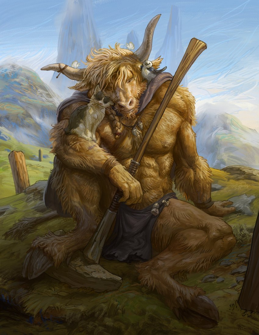 abs anthro beard black_bottomwear black_cape black_clothing black_loincloth blonde_hair bottomwear braided_hair braided_ponytail brown_body brown_fur cape clothing cuddling elbow_on_knee facial_hair feral fur grass group hair hand_on_ground hill hooves horn horn_jewelry jewelry loincloth looking_down male meadow mountain muscular muscular_anthro muscular_legs muscular_male muscular_thighs pecs plant ponytail sitting sky solo_focus stick wristband jerome_jacinto vort_(jerome_jacinto) arthropod avian bird bovid bovine cattle domestic_cat felid feline felis insect lepidopteran mammal moth hi_res portrait