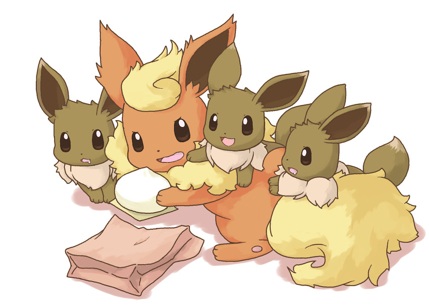 bodily_fluids brown_body brown_eyes brown_fur drooling food fur group holding_food holding_object orange_body orange_fur paper_bag saliva size_difference steamed_bun wadorigi nintendo pokemon eevee eeveelution flareon generation_1_pokemon mammal pokemon_(species) 2011