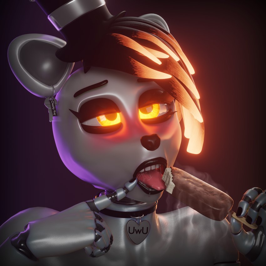 ahegao bodily_fluids choker clothing dessert food glowing glowing_eyes glowing_hair gynomorph hair hat headgear headwear ice_cream intersex jewelry looking_pleasured machine necklace saliva saliva_on_tongue simple_background solo tongue tongue_out magniym five_nights_at_freddy's scottgames fan_character animatronic bear mammal robot 1:1 3d_(artwork) blender_(artwork) digital_media_(artwork) hi_res