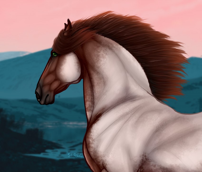 ambiguous_gender brown_hair brown_mane feral green_eyes hair looking_at_viewer looking_back mane multicolored_body solo two_tone_body sergetishbein trent_(wasen) equid equine horse mammal digital_media_(artwork)