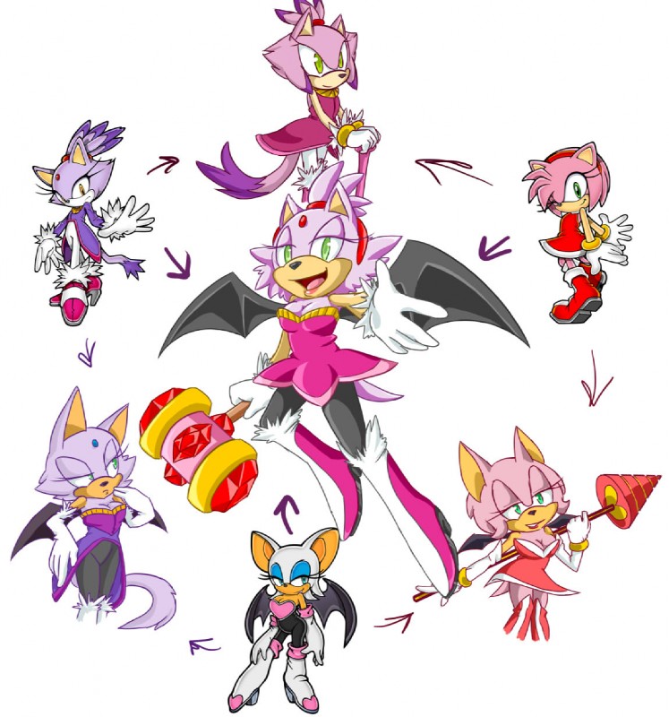 anthro breasts cleavage clothed clothing female fur fusion gem group hammer hexafusion membrane_(anatomy) membranous_wings narrow_hips piko_piko_hammer pink_body pink_fur thick_thighs thin_calves thin_legs thin_thighs tools wide_hips wings rae-gal that-rae-of-sunshine yuji_uekawa sega sonic_the_hedgehog_(series) amy_rose blaze_the_cat rouge_the_bat bat domestic_cat eulipotyphlan felid feline felis hedgehog hybrid mammal hi_res official_art reference_image