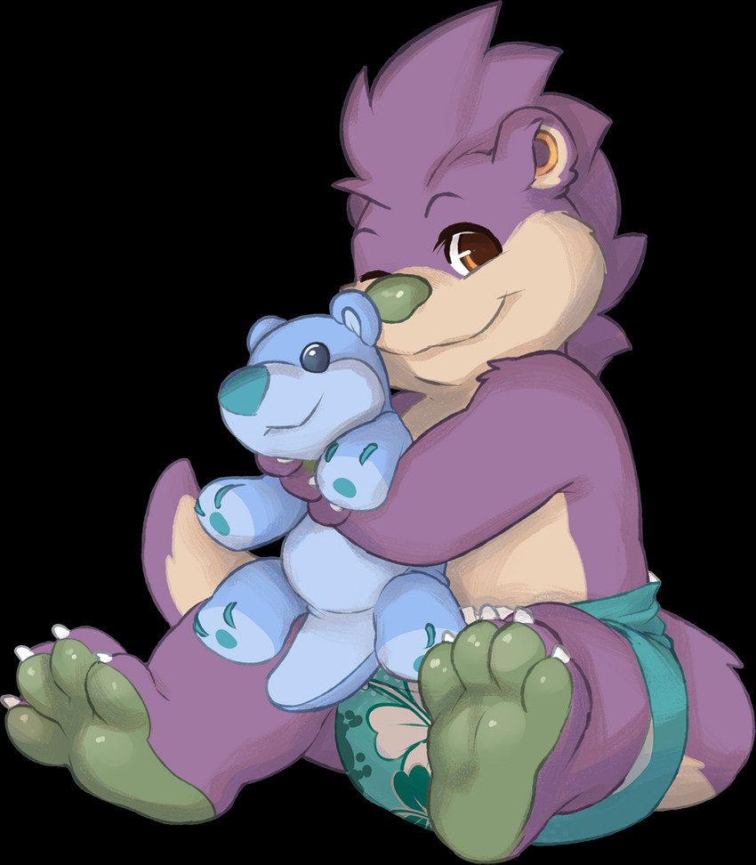 4_toes animal_plushie anthro bear_plushie claws clean_diaper clothed clothing daww diaper diaper_only feet female floral floral_diaper floral_print fur holding_object holding_plushie one_eye_closed orange_eyes plushie print_diaper purple_body purple_fur smile solo toes topless wearing_diaper young young_anthro seth-iova kantra inanimate_object mammal mustelid otter 2020 alpha_channel