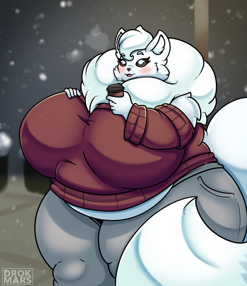 abstract_background alternate_color anthro belly_overhang big_breasts black_sclera blush bottomwear breasts cheek_tuft clothing coffee_cup container cup facial_tuft female fur grey_bottomwear grey_clothing grey_pants head_tuft holding_object huge_breasts inner_ear_fluff neck_tuft overweight overweight_female pants red_clothing red_sweater red_topwear snow solo sweater text thick_thighs topwear tuft white_body white_eyes white_fur wide_hips winter drokmars melody_(drokmars) canid canine fox mammal 2022 absurd_res artist_name hi_res