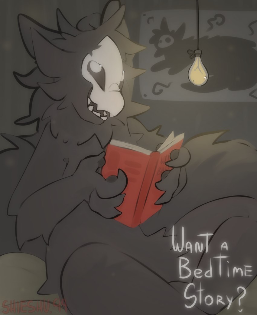 anthro bedtime bedtime_story black_body black_fur black_goo bone book fur holding_object lamp looking_at_viewer male mask sitting skull skull_head skull_mask smile solo shieshuqqq changed_(video_game) puro_(changed) canid canine canis goo_creature mammal wolf hi_res