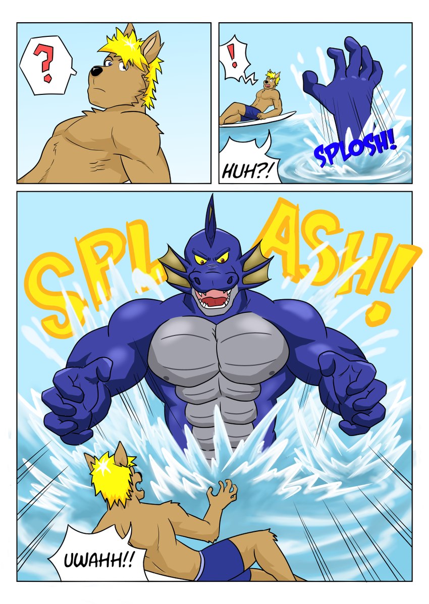 3_panel_comic 5_fingers abs anthro athletic athletic_anthro athletic_male blonde_hair blue_body blue_bottomwear blue_clothing blue_eyes blue_scales blue_shorts bottomwear brown_body brown_eyes brown_fur clothed clothing cloud dialogue duo ear_fins ear_frill emerging evil_face exclamation_point fin fingers floating frill_(anatomy) fur grey_body grey_scales hair hand_above_water head_crest head_fin head_frill leaning lying male muscular muscular_anthro muscular_arms muscular_male onomatopoeia open_mouth outside partially_submerged pecs question_mark scales scared screaming sea shorts size_difference sky sound_effects surfboard text topless topless_male ventral_scales water yellow_sclera vju79 mythology gharn_(vju79) guss_(vju79) aquatic_dragon canid canine canis domestic_dog dragon mammal marine mythological_creature mythological_scalie scalie wolf comic english_text hi_res