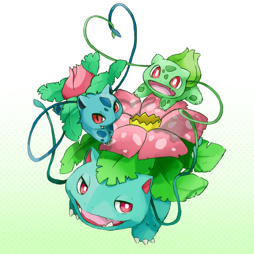 ambiguous_gender claws feral group leaf open_mouth open_smile red_eyes simple_background smile teeth tongue trio ningukt nintendo pokemon bulbasaur generation_1_pokemon ivysaur pokemon_(species) venusaur 1:1 2012