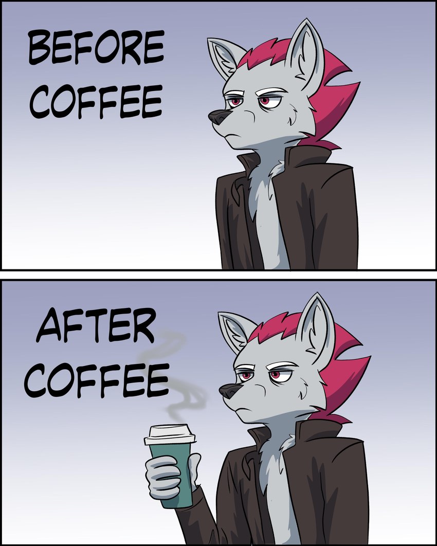 5_fingers anthro beverage clothed clothing coffee comparing container cup fingers frown grumpy hair humor jacket male narrowed_eyes open_clothing open_jacket open_topwear pink_hair solo steam text topwear shreddyfox shreddy_(shreddyfox) canid canine fox mammal 2021 absurd_res comic digital_media_(artwork) english_text hi_res