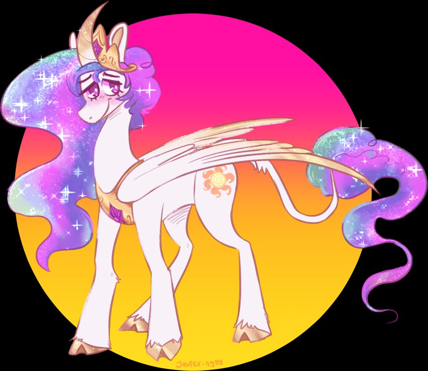 ambiguous_gender cloven_hooves crown curved_horn cutie_mark eyebrows eyelashes feathered_wings feathers feral fur glistening glistening_hooves gold_(metal) gold_hooves gradient_background headgear hooves horn mane multicolored_mane multicolored_tail purple_eyes simple_background smile snout solo sparkles sparkling_feathers sparkling_hooves sparkling_mane sparkling_tail sparkling_wings standing tail tail_tuft tuft unguligrade white_body white_feathers white_fur wings yellow_horn jaspering friendship_is_magic hasbro my_little_pony mythology princess_celestia_(mlp) equid equine mammal mythological_creature mythological_equine winged_unicorn 2020 digital_drawing_(artwork) digital_media_(artwork) flat_colors full-length_portrait portrait signature