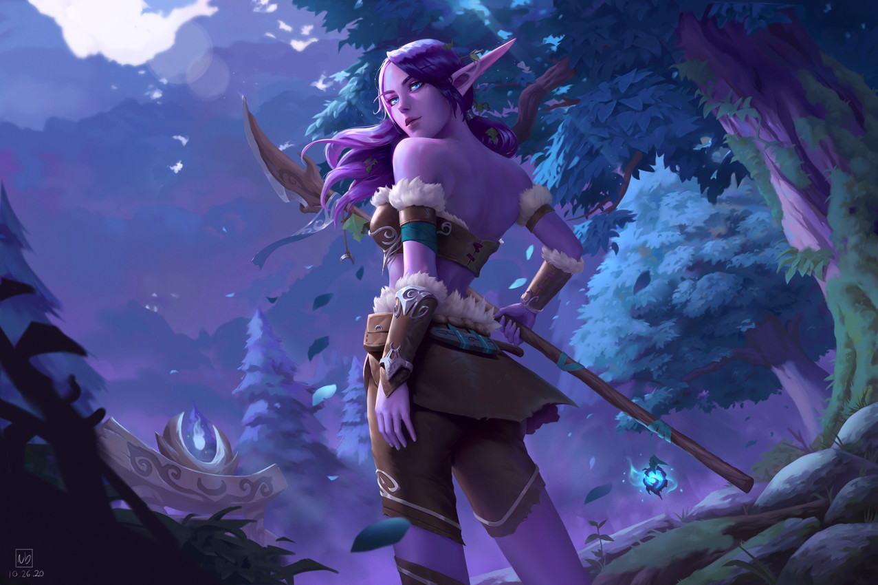 breasts brown_clothing clothing detailed_background female forest hair holding_melee_weapon holding_object holding_polearm holding_spear holding_weapon humanoid_pointy_ears leaf looking_at_viewer looking_back looking_back_at_viewer low-angle_view melee_weapon not_furry outside plant pointy_ears polearm purple_body purple_hair solo spear tree weapon nicolasbarbas blizzard_entertainment warcraft elf humanoid night_elf 2020 absurd_res hi_res