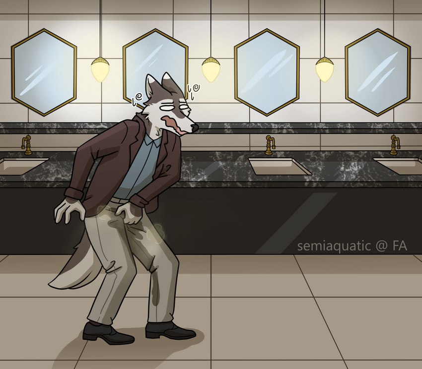 anthro bathroom bodily_fluids bottomwear clothing dress_pants dress_shirt dress_shoes genital_fluids holding_crotch hunched_over male mirror omorashi pants peeing shirt sink solo standing suit_jacket sweat sweatdrop topwear urine wet wet_bottomwear wet_clothing wet_pants wetting apex_(artist) canid canine canis mammal wolf 2022 hi_res