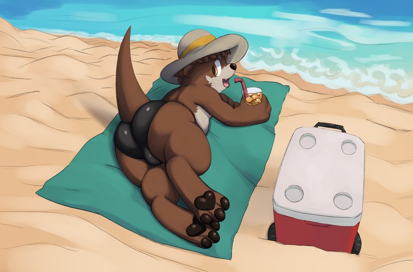 anthro beach beverage big_butt brown_body brown_fur bulge butt clothing cooler curled_hair drinking fur hair hat headgear headwear looking_back lying male on_front paws seaside solo speedo swimwear towel nova_nsfw mammal mustelid otter absurd_res hi_res