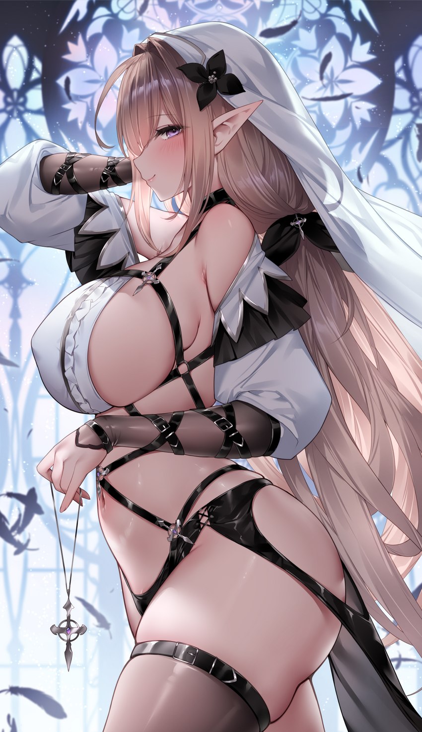 big_breasts blonde_hair blush breasts clothed clothing female hair half_naked legwear long_hair narrowed_eyes not_furry skimpy solo thigh_highs sora72iro_kaba9 elf humanoid hi_res