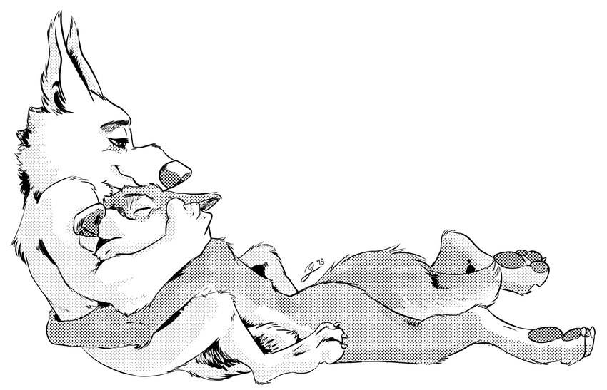 anthro claws cuddling duo ears_back eyes_closed fluffy fluffy_tail halftone holding_head hug lying_on_another male male/male neck_tuft nude pawpads pivoted_ears plantigrade romantic romantic_couple side_view sleeping smile tail tuft gerardson disney zootopia gary_(zootopia) larry_(zootopia) canid canine canis mammal wolf 2019 hi_res monochrome signature