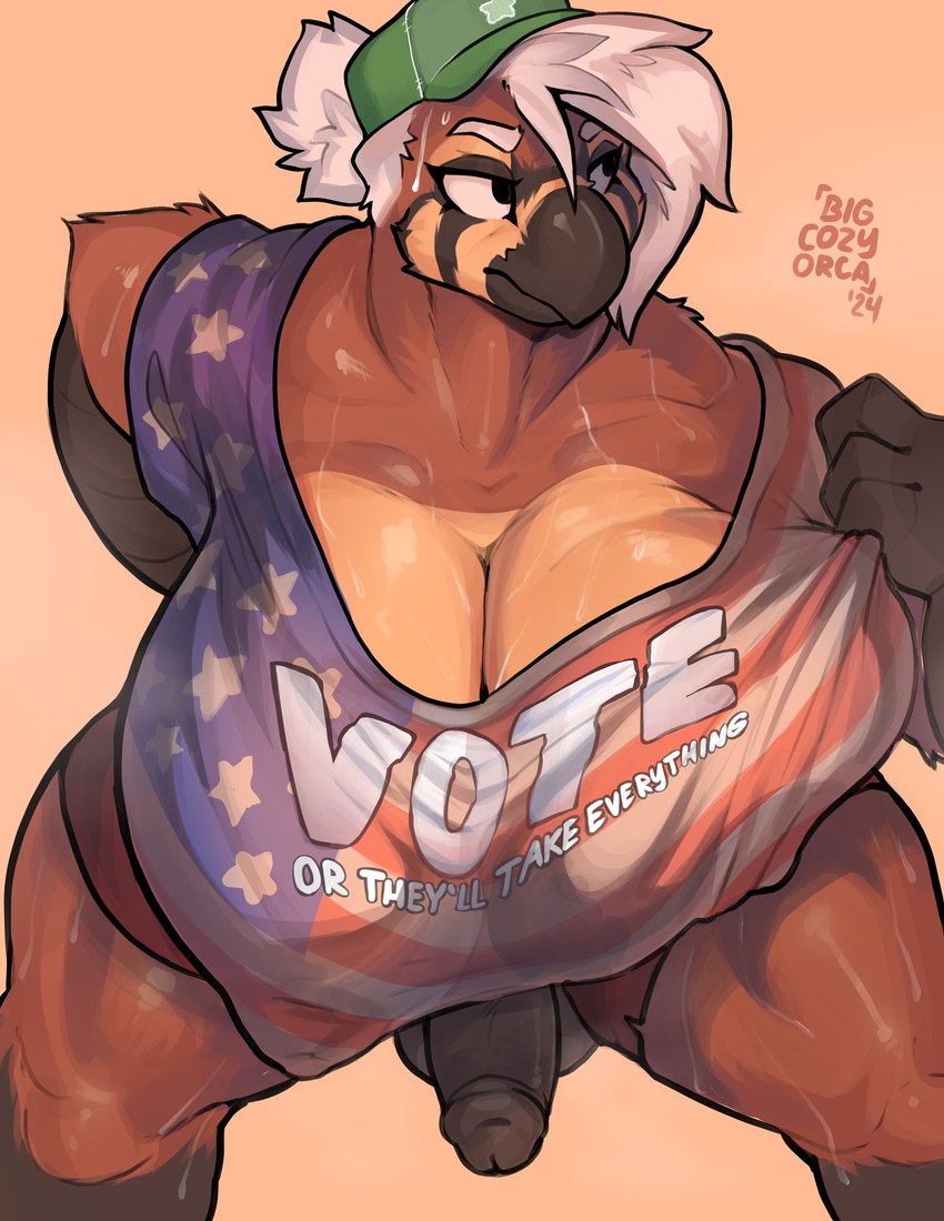 american_flag_clothing anthro balls big_breasts bodily_fluids breasts brown_body brown_feathers clothed clothing feathers genitals gynomorph hair headgear headwear huge_breasts humanoid_genitalia humanoid_penis intersex penis politics public_service_announcement simple_background solo sweat text white_hair bigcozyorca terrie_(bigcozyorca) avian bird falcon falconid absurd_res digital_media_(artwork) english_text hi_res lol_comments reaction_image