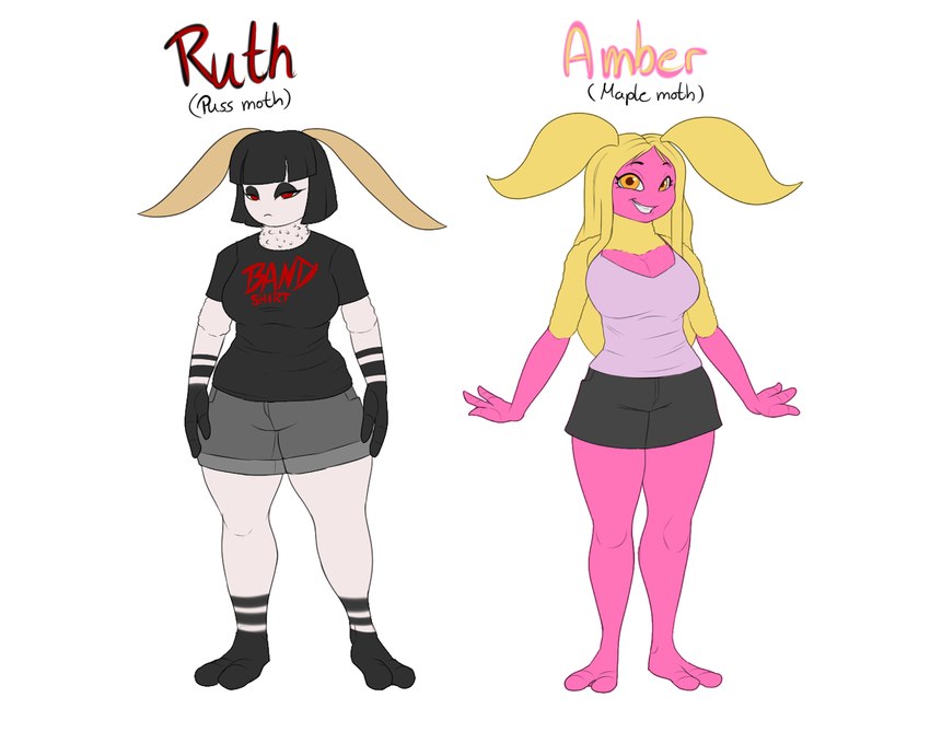 antennae_(anatomy) anthro big_breasts big_eyes breasts clothed clothing duo female fur fuzzy hair looking_at_viewer smile text thick_thighs blackbetty amber_(tango's_family) ruth_(tango's_family) arthropod insect lepidopteran moth puss_moth rosy_maple_moth 5:4 english_text