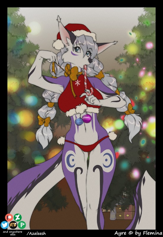 anthro breasts candy candy_cane dessert exposure_variation female food holidays navel solo azaleesh christmas ayre canid canine mammal hi_res