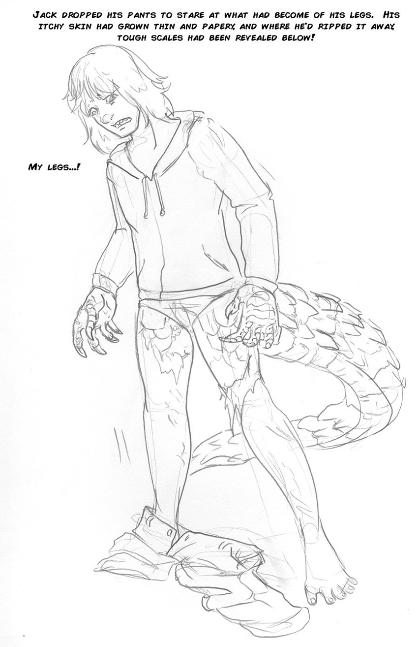 bottomwear bottomwear_down clothed clothing dialogue hair hoodie male pants pants_down partially_clothed scales sharp_teeth shedding shedding_skin solo teeth text topwear arania the_cabin_in_the_woods_(arania) jack_(tcitw) animal_humanoid humanoid lizard_humanoid reptile reptile_humanoid scalie scalie_humanoid comic english_text hi_res monochrome