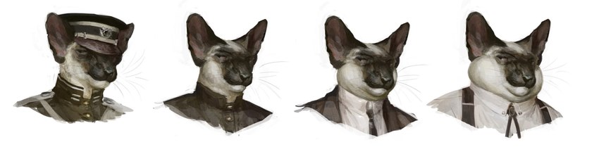 aging anthro big_ears clothing dewlap_(anatomy) double_chin male military_uniform morbidly_obese necktie obese overweight overweight_male solo suspenders uniform weight_gain wide_image whaleoil1 karras_lafontaine domestic_cat felid feline felis mammal siamese bust_portrait hi_res long_image portrait sequence