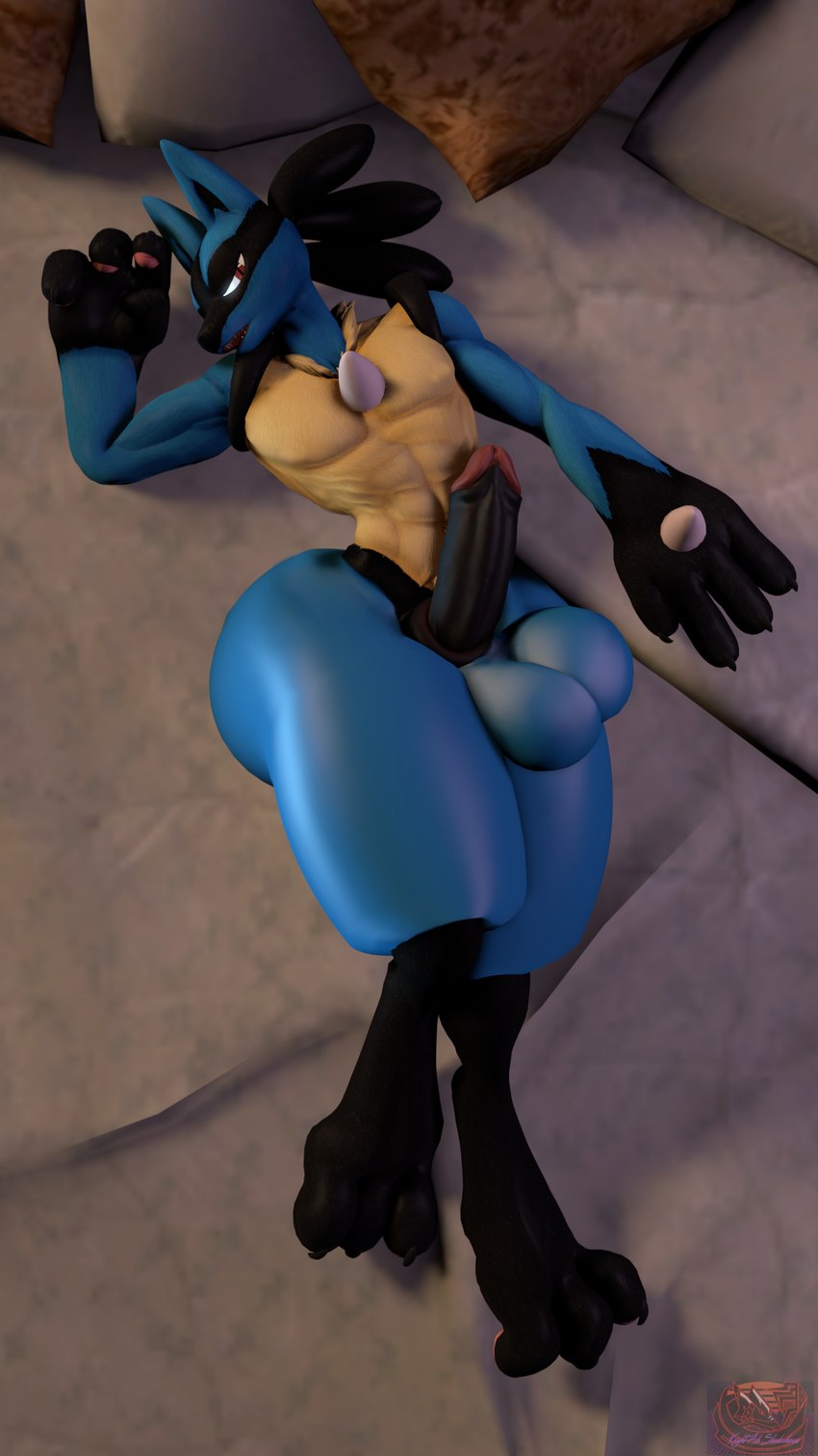 anthro balls big_balls big_penis chest_spike dakimakura genitals hand_spike male penis red_eyes solo spikes spikes_(anatomy) thick_thighs knightsfm valorlynz_(modeler) nintendo pokemon kimbol_the_lucario generation_4_pokemon lucario pokemon_(species) 2023 3d_(artwork) 9:16 absurd_res dakimakura_design digital_media_(artwork) hi_res