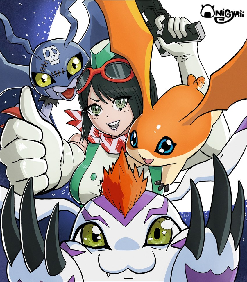 black_hair claws clothing female feral fur gesture green_eyes group gun hair hand_gesture hat headgear headwear male ranged_weapon red_hair smile thumbs_up weapon white_body white_fur wings onigyrii bandai_namco digimon digimon_story:_time_stranger demidevimon digimon_(species) gomamon human mammal patamon absurd_res hi_res