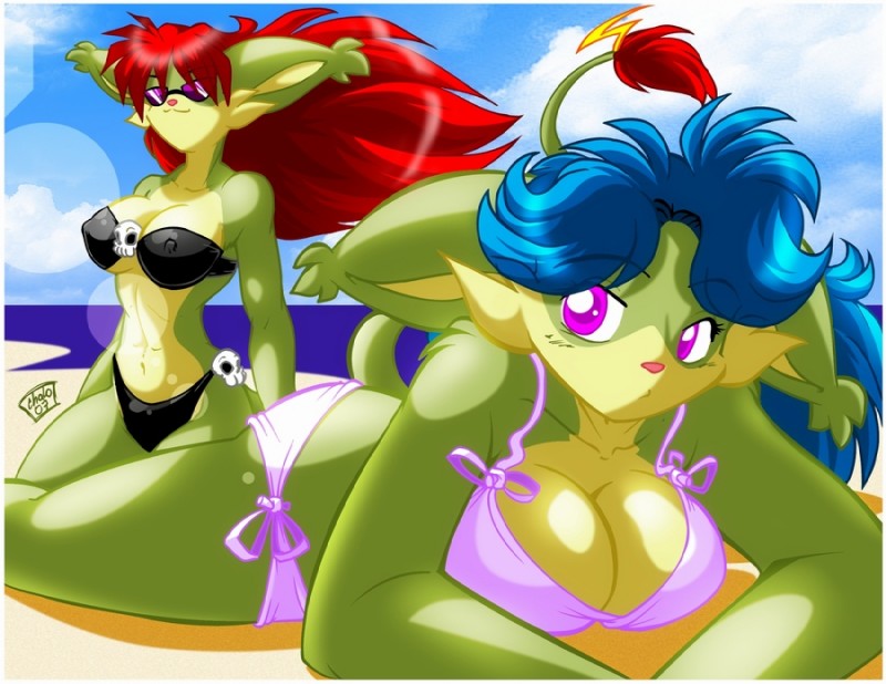 anthro beach big_breasts bikini bikini_bottom bikini_top black_bikini_bottom black_bikini_top black_clothing black_swimwear blue_hair bone breasts clothed clothing cloud duo eyewear female fur green_body green_fur hair huge_breasts looking_back multicolored_body multicolored_fur outside pink_bikini_bottom pink_bikini_top pink_clothing pink_swimwear pose purple_eyes red_hair seaside shoulder-tie_bikini shoulder-tie_clothing shoulder-tie_swimwear side-tie_bikini side-tie_clothing side-tie_swimwear skimpy skull sky strapless_bikini strapless_clothing strapless_swimwear string_bikini sunglasses swimwear tail tied_bikini tight_clothing two-piece_swimsuit two_tone_body two_tone_fur chalo las_lindas din_(chalo) jin_(chalo) imp mammal 2007 sibling_(lore) sister_(lore) sisters_(lore) twins_(lore)