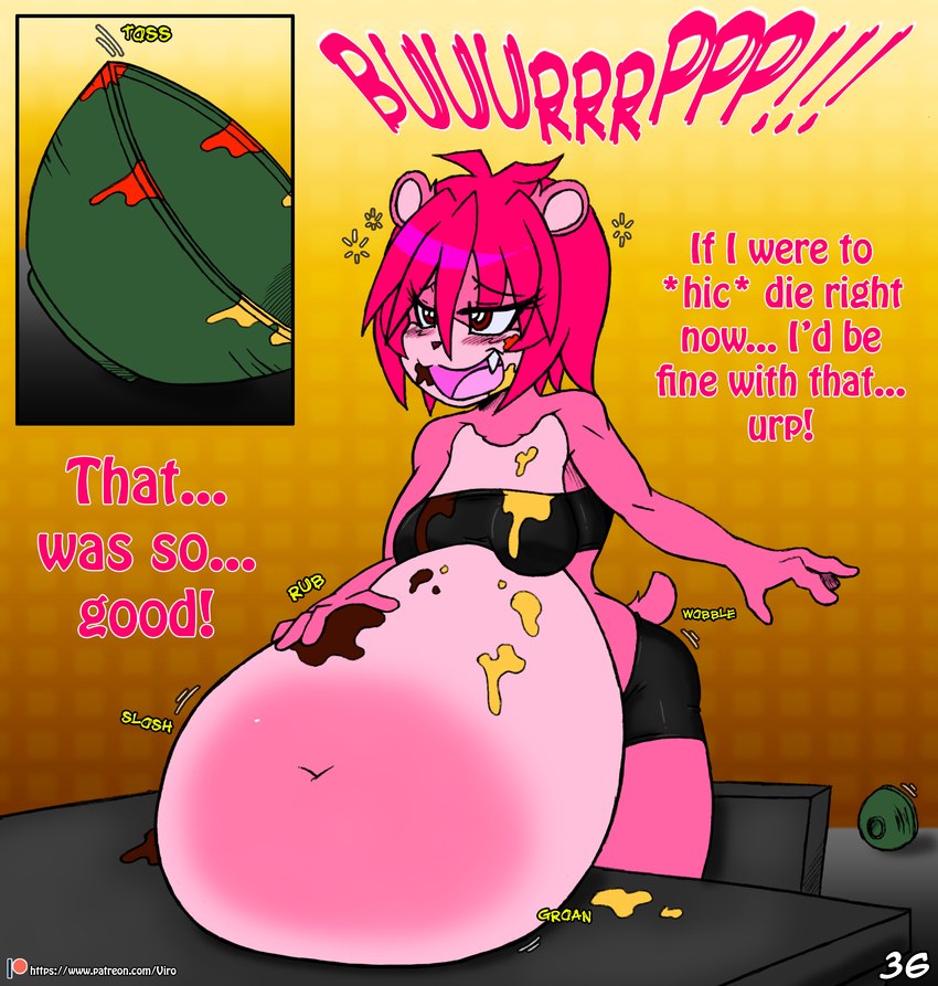 anthro belly big_belly bottomwear bowl breasts burping clothing container deep_navel female fur hair hand_on_belly multicolored_body multicolored_fur navel obese open_mouth overweight pink_hair red_eyes solo sound_effects stuffing text topwear two_tone_body two_tone_fur weight_gain viroveteruscy warning_cream_filled raspberry_(viroveteruscy) bear mammal 2018 absurd_res comic english_text hi_res url