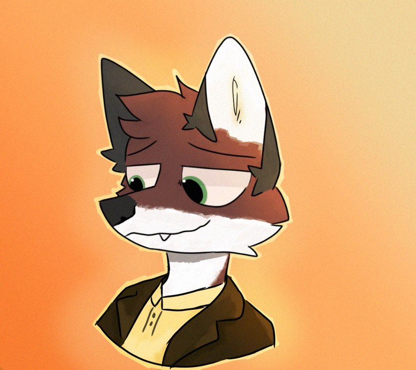 anthro black_clothing black_suit brown_body brown_fur clothed clothing collared_shirt dark_ears fur green_eyes head_tuft inner_ear_fluff looking_away male shirt simple_background snaggle_tooth solo suit topwear tuft floppy_friday doppelfoxx yaxley_warrick_(doppelfoxx) arctic_fox canid canine cross_fox fox hybrid mammal red_fox true_fox bust_portrait portrait nonbinary_(lore)