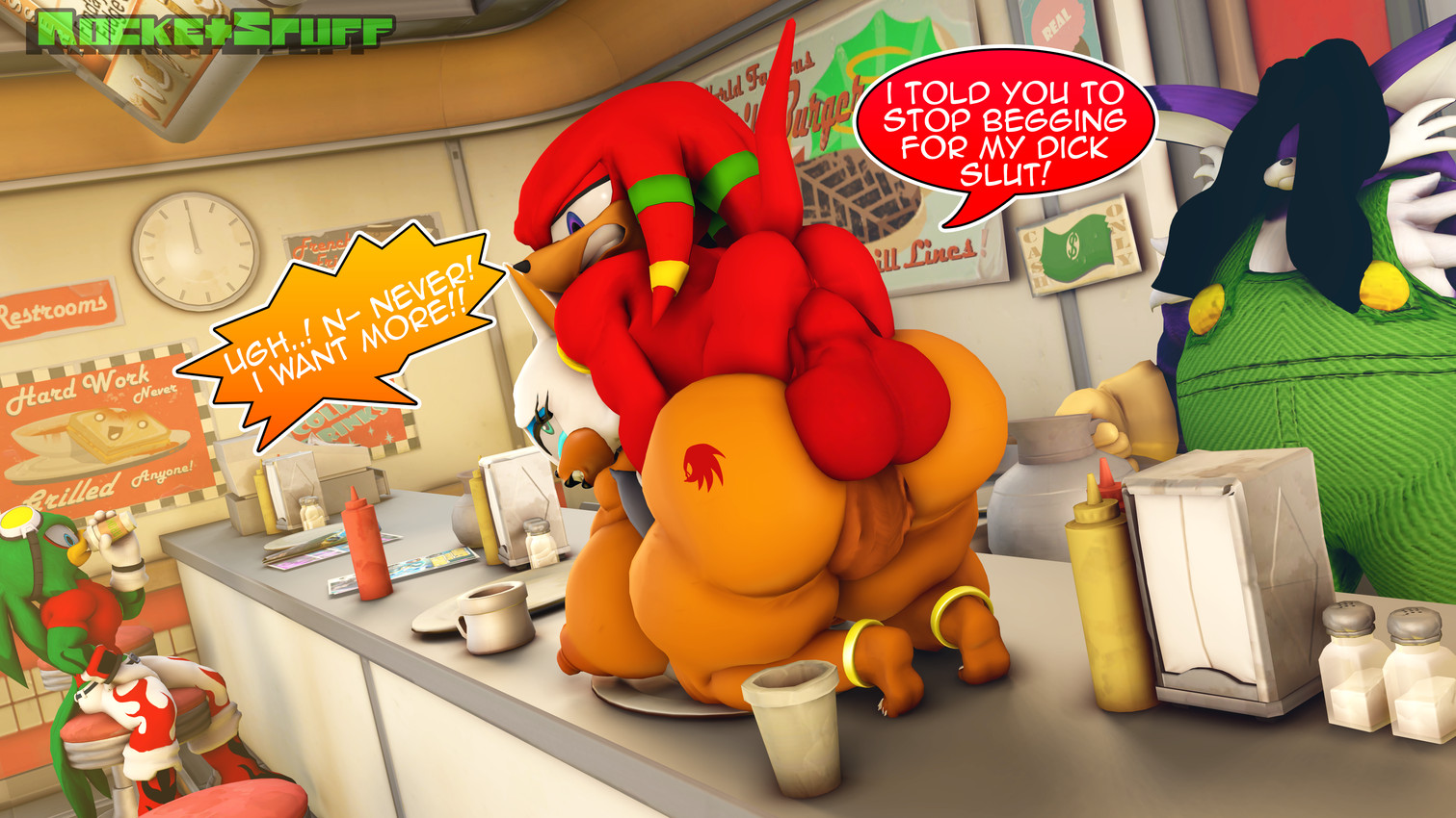 angry angry_sex anthro balls big_balls big_breasts big_butt big_penis bottomwear bottomwear_aside breasts butt butt_tattoo claws clenched_teeth clothing clothing_aside diner ear_piercing ear_ring fangs female genitals gold_(metal) gold_anklet gold_jewelry group head_icon huge_balls huge_breasts huge_butt huge_penis humping jewelry lips looking_pleasured male male/female multicolored_penis pants pants_aside penis piercing public public_sex restaurant ring_piercing sex speech_bubble tattoo teeth text thick_lips toe_claws two_tone_penis rocketspuff sega sonic_riders sonic_the_hedgehog_(series) big_the_cat jet_the_hawk knuckles_the_echidna rouge_the_bat accipitrid accipitriform avian bat bird domestic_cat echidna felid feline felis mammal monotreme 16:9 3d_(artwork) 4k absurd_res digital_media_(artwork) english_text hi_res widescreen