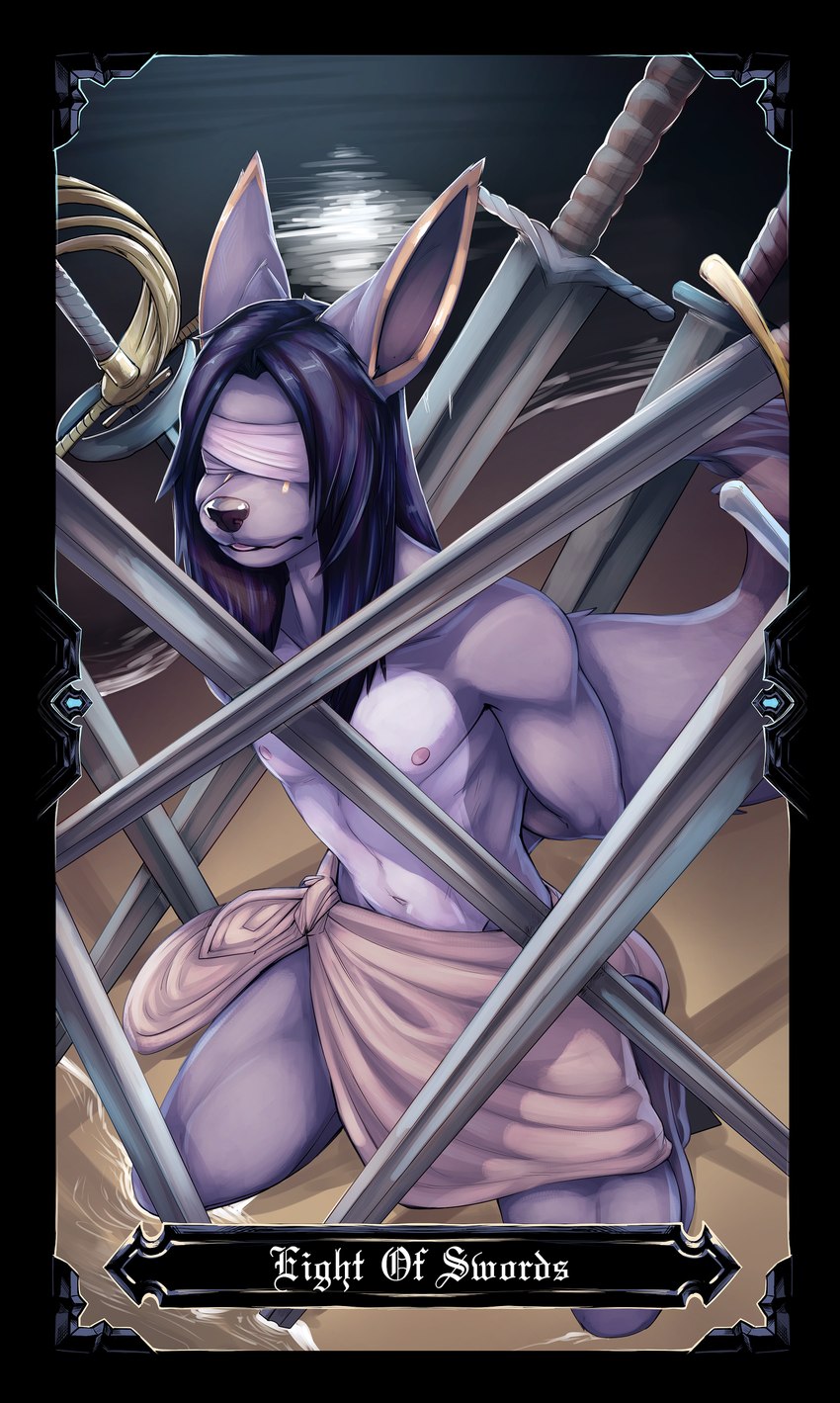 anthro black_hair blindfold bottomwear card card_template clothing eight_of_swords_(tarot) fortune_telling fur grey_body grey_fur hair hands_tied_behind_back loincloth long_hair male melee_weapon minor_arcana solo sword swords_(tarot) tarot tarot_card weapon bastionshadowpaw leon_(leonjackyl) anubian_jackal canid canine canis jackal mammal absurd_res hi_res