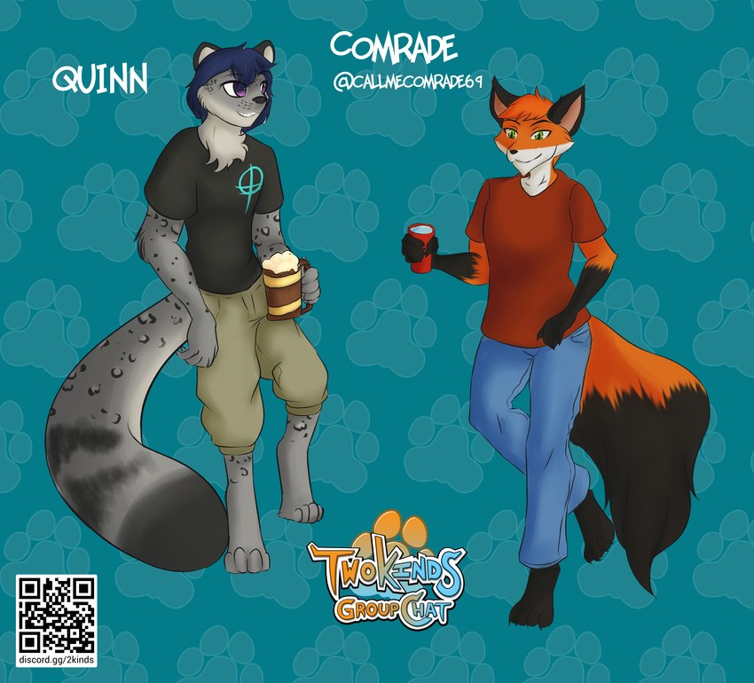 4_toes alcohol barefoot beer beverage biped black_nose blue_hair bottomwear cheek_tuft clothed clothing container cup digitigrade dipstick_ears dipstick_tail duo ear_markings facial_tuft feet fluffy fluffy_tail fur gloves_(marking) grey_body grey_fur hair happy holding_container holding_cup holding_mug holding_object leg_markings male markings mug multicolored_ears neck_tuft orange_body orange_fur orange_hair pants qr_code shirt short simple_background smile socks_(marking) t-shirt tail tail_markings text toes topwear tuft white_body white_fur rimarabernadette zakurujay quinn_malachite canid canine felid fox mammal pantherine red_fox snow_leopard true_fox 2021 absurd_res english_text hi_res